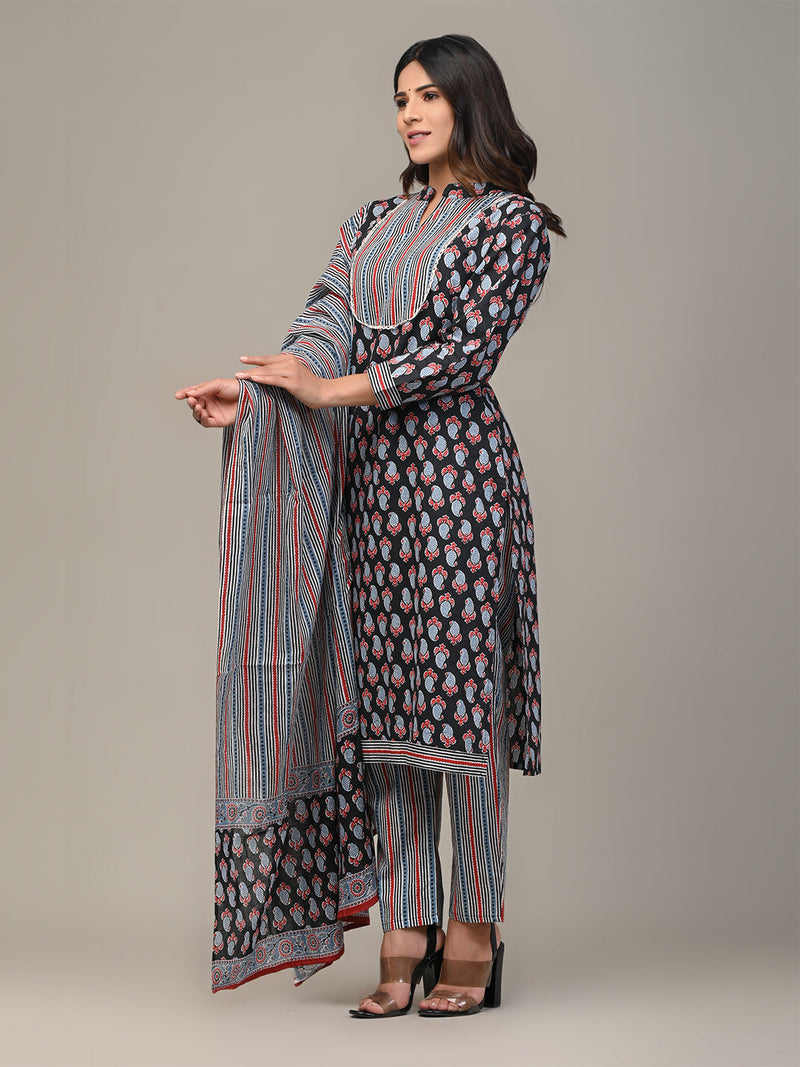 Cotton Printed Black Kurta Set with Dupatta