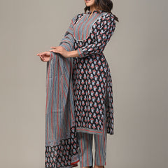 Cotton Printed Black Kurta Set with Dupatta
