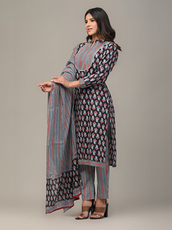 Cotton Printed Black Kurta Set with Dupatta