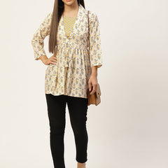 Women Yellow Collared Printed Flared Kurti