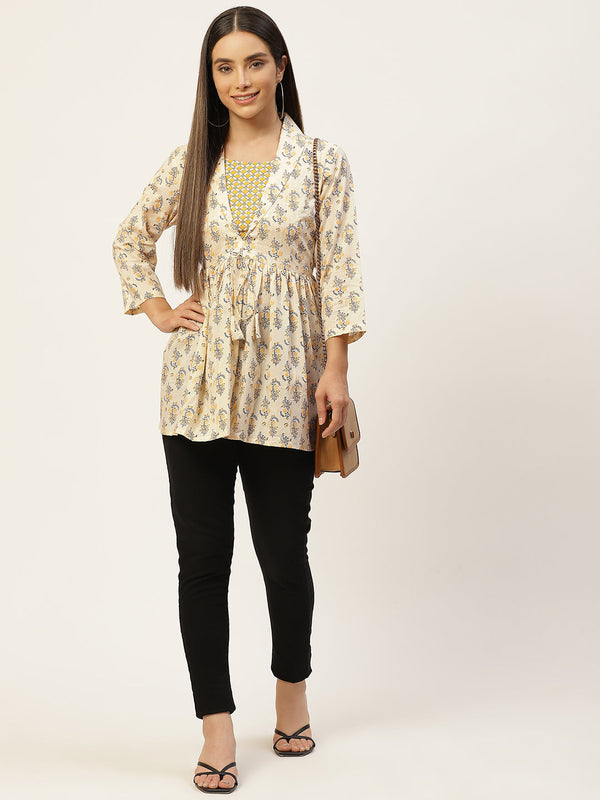 Women Yellow Collared Printed Flared Kurti