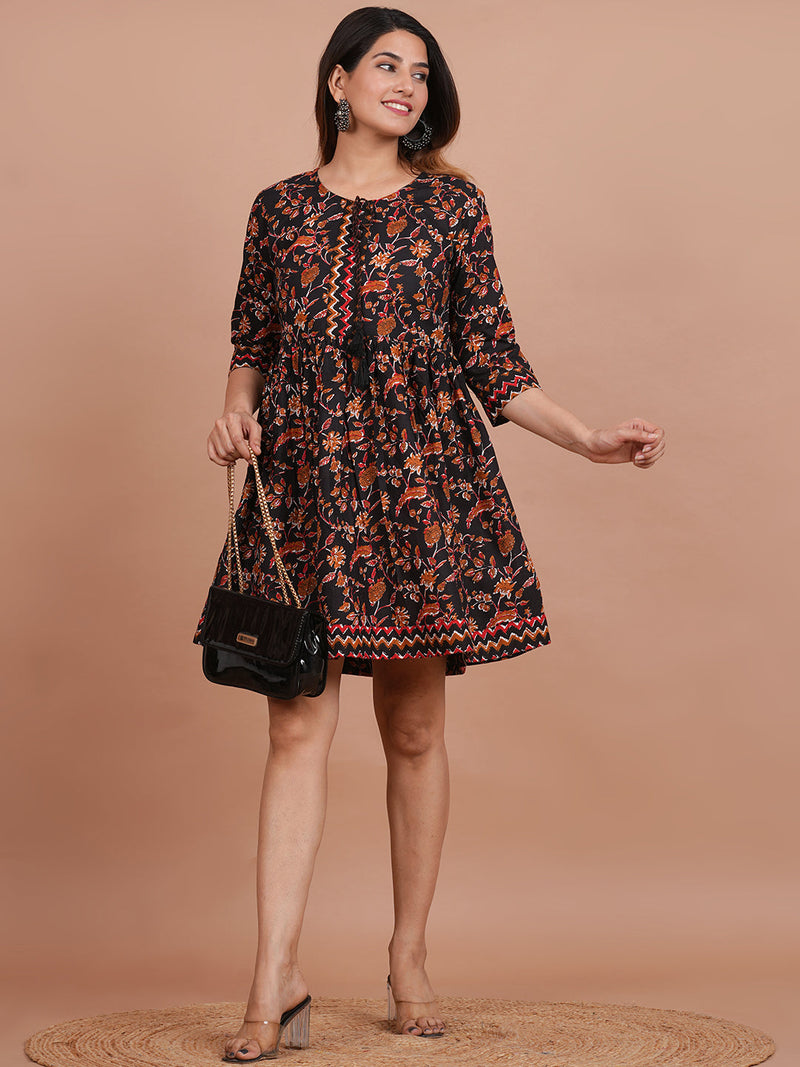 Cotton Printed Black Floral Dress