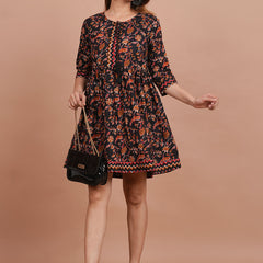 Cotton Printed Black Floral Dress