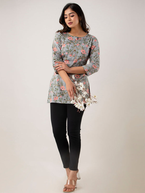 Women Grey Cotton Printed Short Kurti