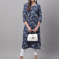 Women Blue Printed Straight Fit Kurti