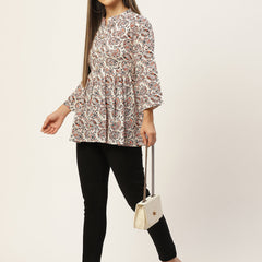 Women White Pleated A-Line Designer Short Kurti