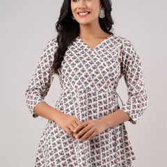 Cotton Printed White Angrakha Short Tunic
