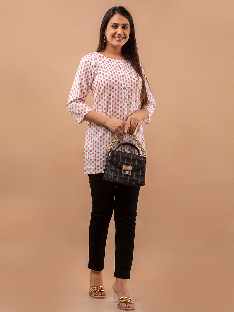 Women White Cotton Printed Short Kurti