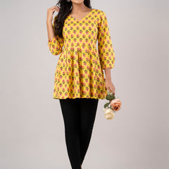 Printed Cotton Yellow Peplum Tunic