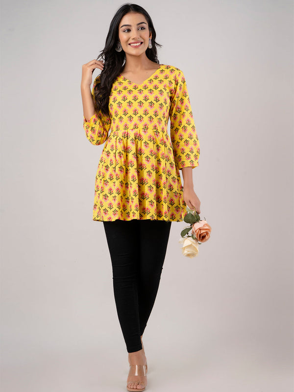 Printed Cotton Yellow Peplum Tunic