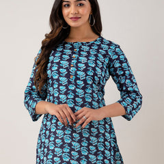 Women Blue Cotton Printed Short Kurti