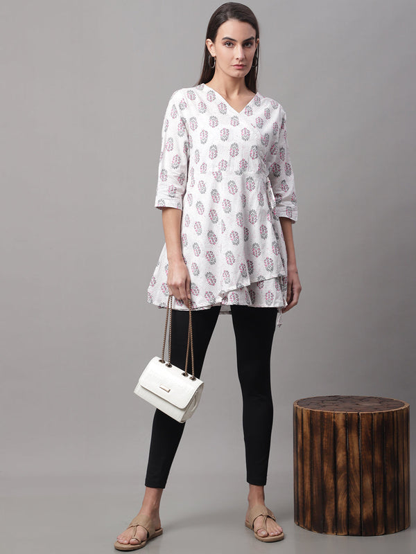 Women White Cotton Printed Short Kurti