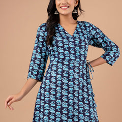 Cotton Printed Blue Angrakha Short Tunic