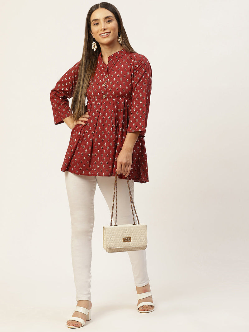 Women Red Pleated A-Line Designer Short Kurti