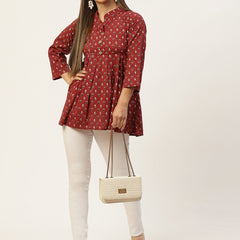 Women Red Pleated A-Line Designer Short Kurti