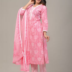 Cotton Printed Pink Kurta Set with Dupatta