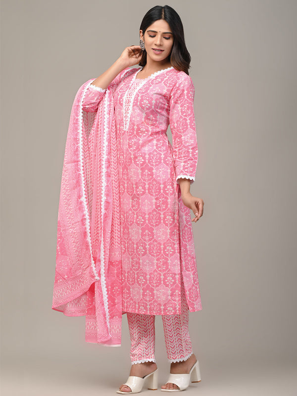 Cotton Printed Pink Kurta Set with Dupatta