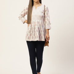 Women White & Baby Pink Cotton Printed A-Line Kurti