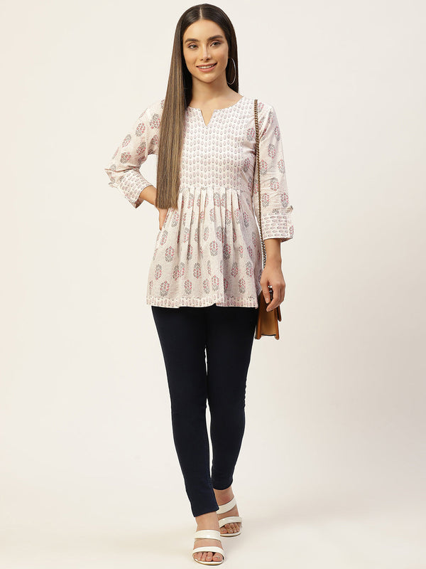 Women White & Baby Pink Cotton Printed A-Line Kurti