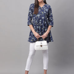 Women Blue Cotton Printed Short Kurti