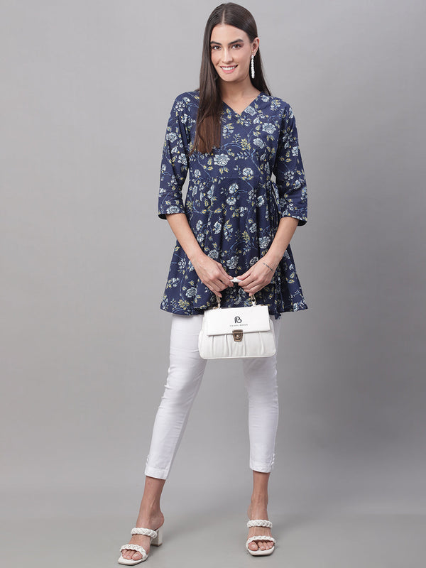 Women Blue Cotton Printed Short Kurti