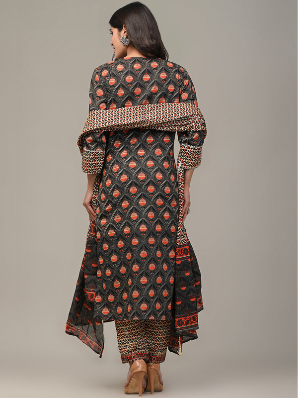 Cotton Printed Grey Kurta Set with Dupatta
