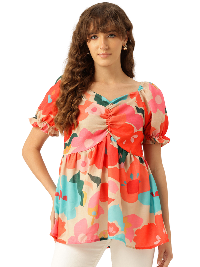 Cropped v-neck peplum puff sleeved top with digital print on linen fabric.