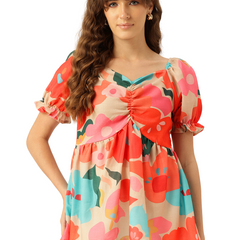 Cropped v-neck peplum puff sleeved top with digital print on linen fabric.