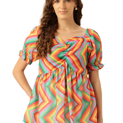 Cropped v-neck peplum puff sleeved top with digital print on linen fabric.