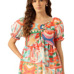 Cropped v-neck peplum puff sleeved top with digital print on linen fabric.