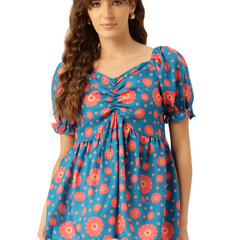 Cropped v-neck peplum puff sleeved top with digital print on linen fabric.