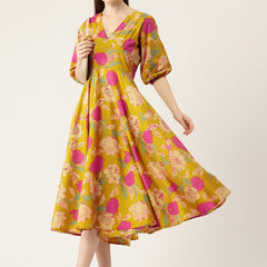 Women's Pure Cotton Floral Printed A-Line Gown with 3/4 Puff Sleeves & V-Neck
