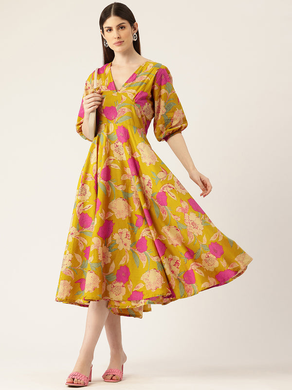 Women's Pure Cotton Floral Printed A-Line Gown with 3/4 Puff Sleeves & V-Neck