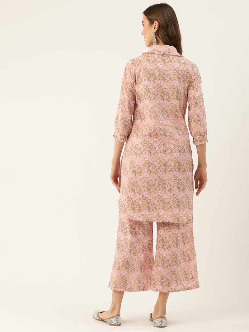 Pink Elegant Collared Co-Ord Set with Frill Detail & Elasticated Pants