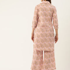 Pink Elegant Collared Co-Ord Set with Frill Detail & Elasticated Pants