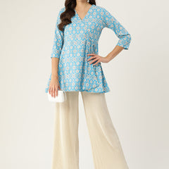 Floral Print Angrakha 3\4 Sleeves Flared Kurti