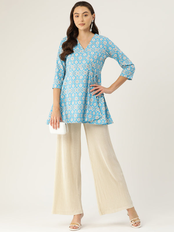 Floral Print Angrakha 3\4 Sleeves Flared Kurti