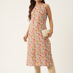 Cotton Printed Sleeveless Straight Long Kurti