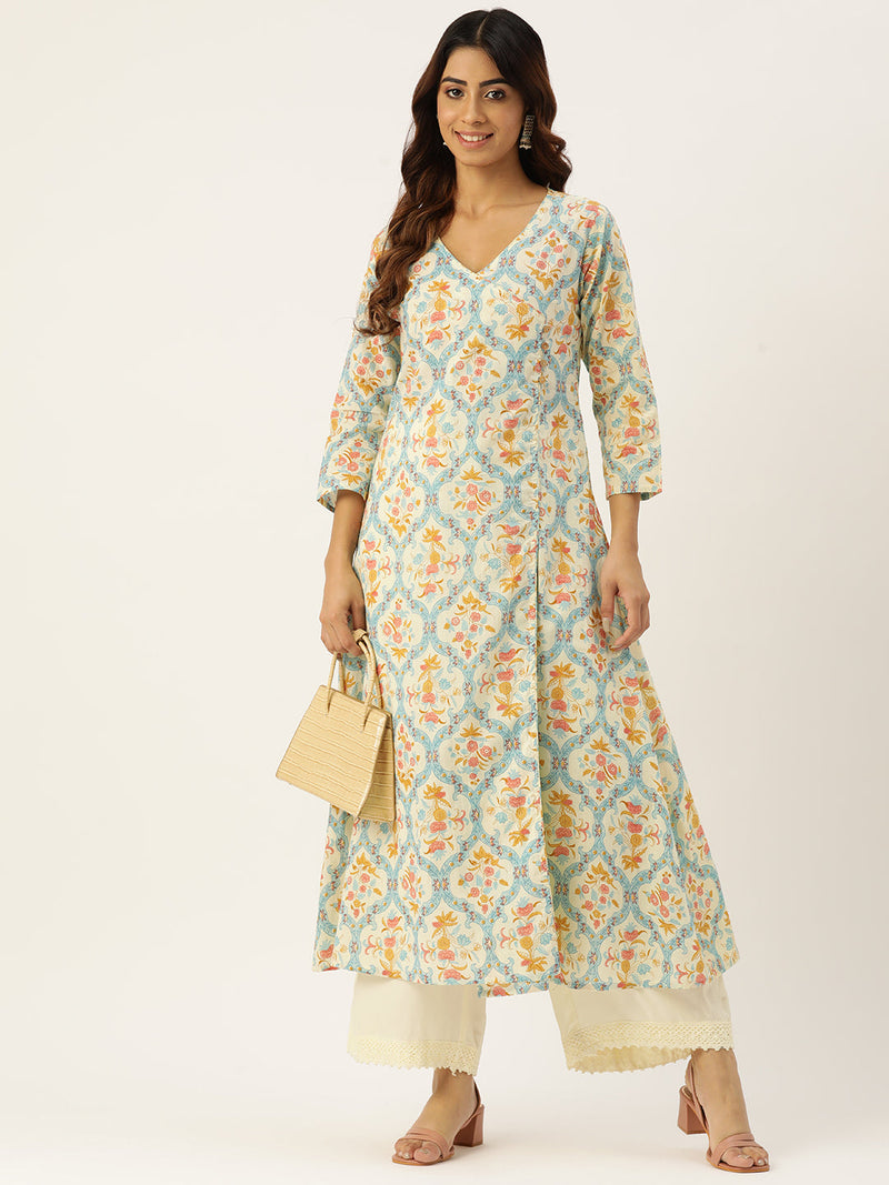 Floral Print 4 Button Angrakha Long Kurti