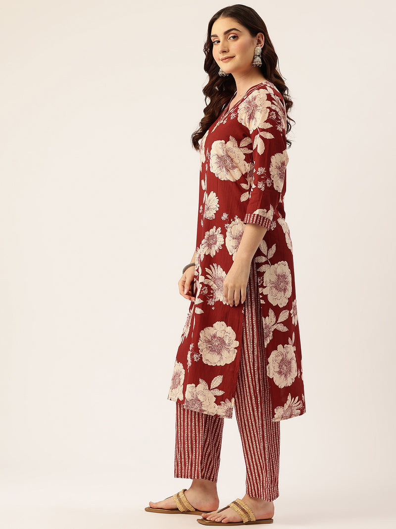 Bodered V-Neck 3-Piece Kurta Set with Ankle-Length Pants & Full-Length Dupatta (Size S-XXL).