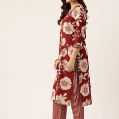 Bodered V-Neck 3-Piece Kurta Set with Ankle-Length Pants & Full-Length Dupatta (Size S-XXL).