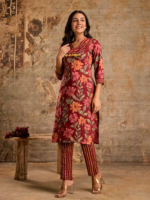 Pure Cotton Red Bordered V-Neck 3-Piece Kurta Set with Printed Dupatta
