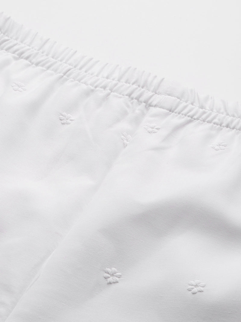 White Embroidered Palazzos–Fully Lined, Elastic Waist & Ankle-Length with Side Pocket