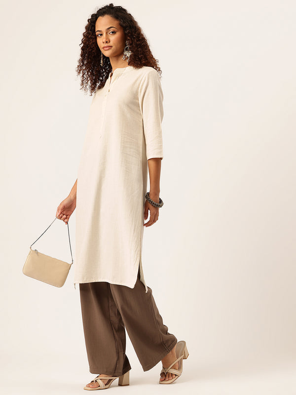 Women’s Solid Long Kurti with Mandarin Collar, 3/4 Sleeves & Pocket | Plain Elegant Cotton Kurta for Daily & Office Wear