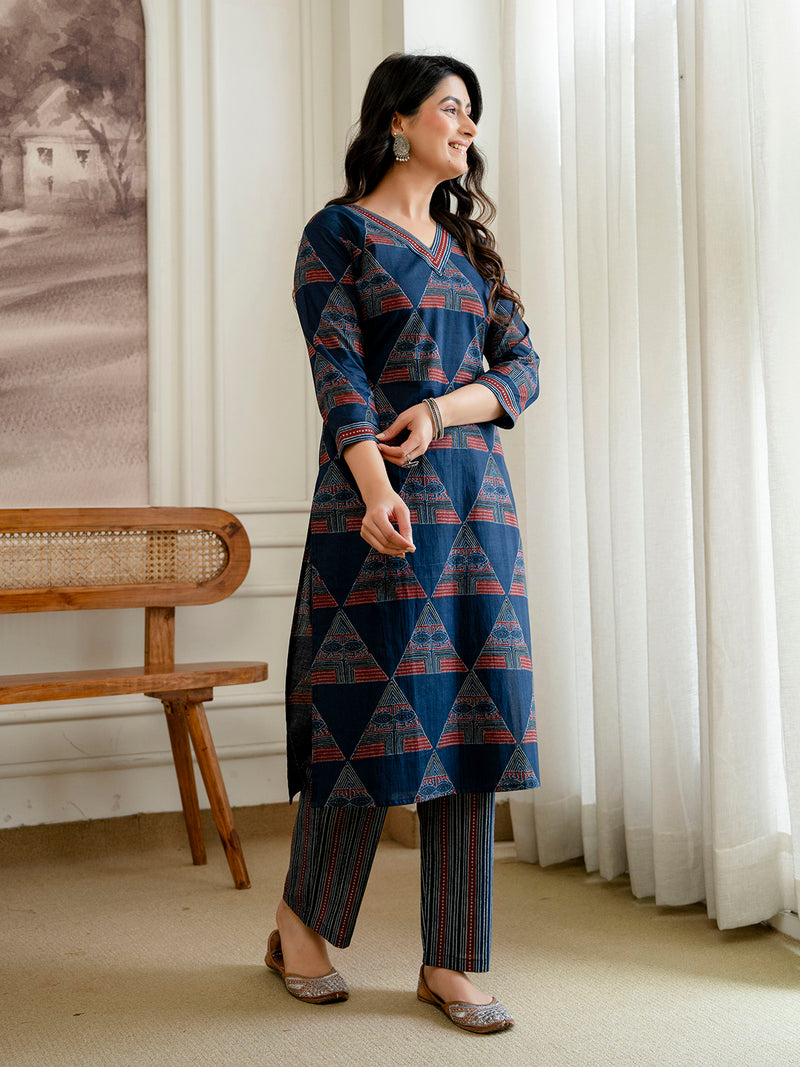 Bordered V-Neck 3-Piece Kurta Set with Ankle-Length Pants & Full-Length Dupatta (M–XXL)