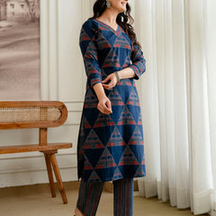 Bordered V-Neck 3-Piece Kurta Set with Ankle-Length Pants & Full-Length Dupatta (M–XXL)