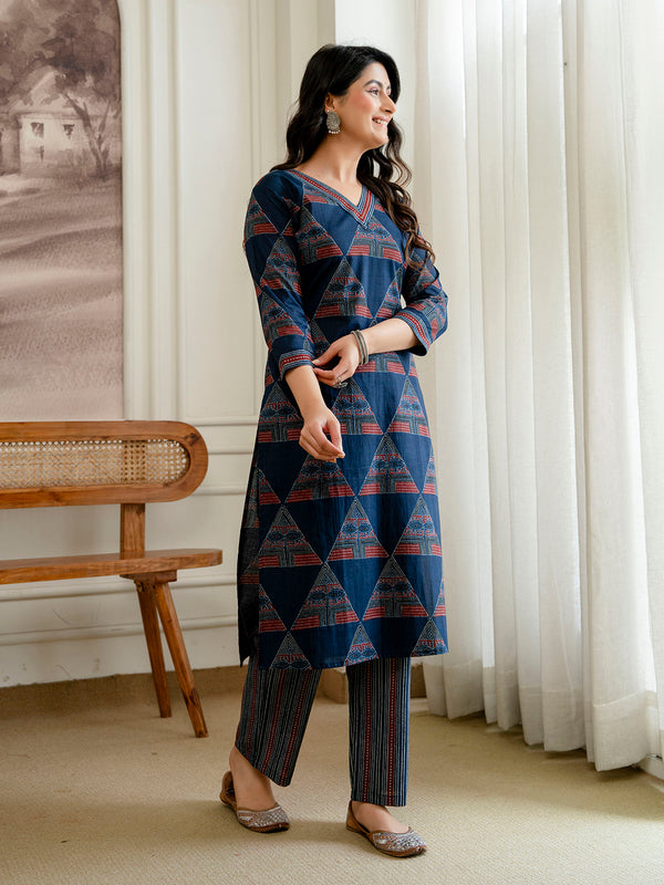 Bordered V-Neck 3-Piece Kurta Set with Ankle-Length Pants & Full-Length Dupatta (M–XXL)