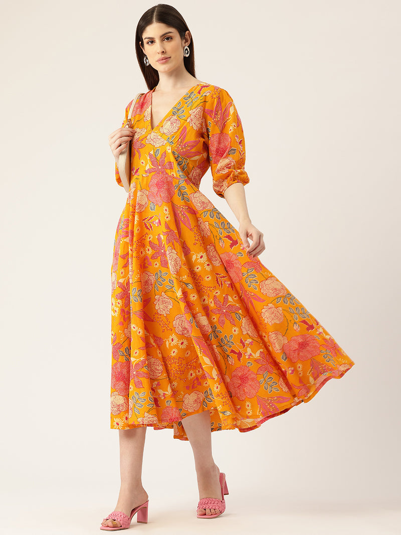Women's Pure Cotton Floral Printed A-Line Gown with 3/4 Puff Sleeves & V-Neck