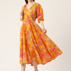 Women's Pure Cotton Floral Printed A-Line Gown with 3/4 Puff Sleeves & V-Neck