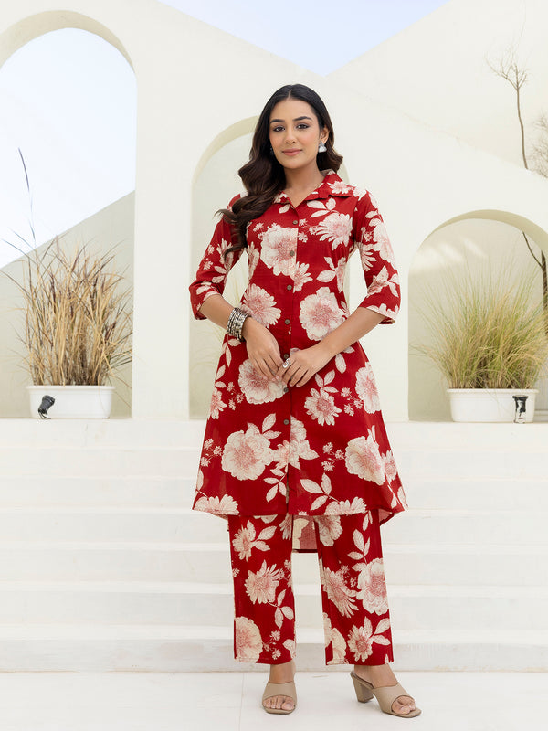 Women’s Co-Ord Set – Printed Collared Kurta with 3/4 Sleeves & Elastic Waist Pants